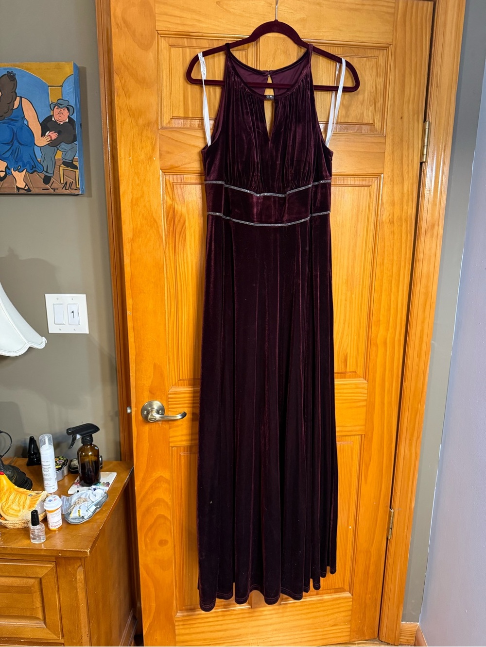 Oleg Cassini Burgundy Velvet Maxi Dress with Halter Neck